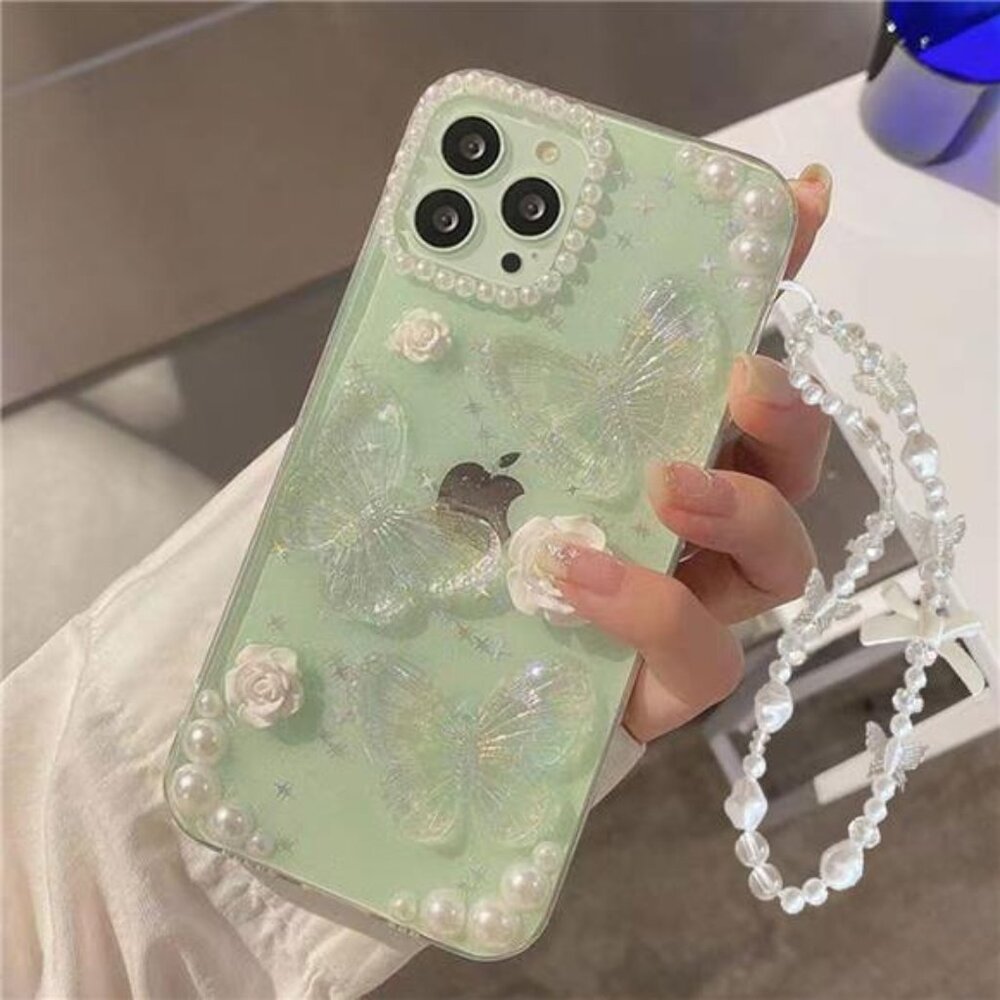 iPhone 16, 16 Pro, 16 Pro Max Bling Butterfly Glitter Case w/ Pearl Strap